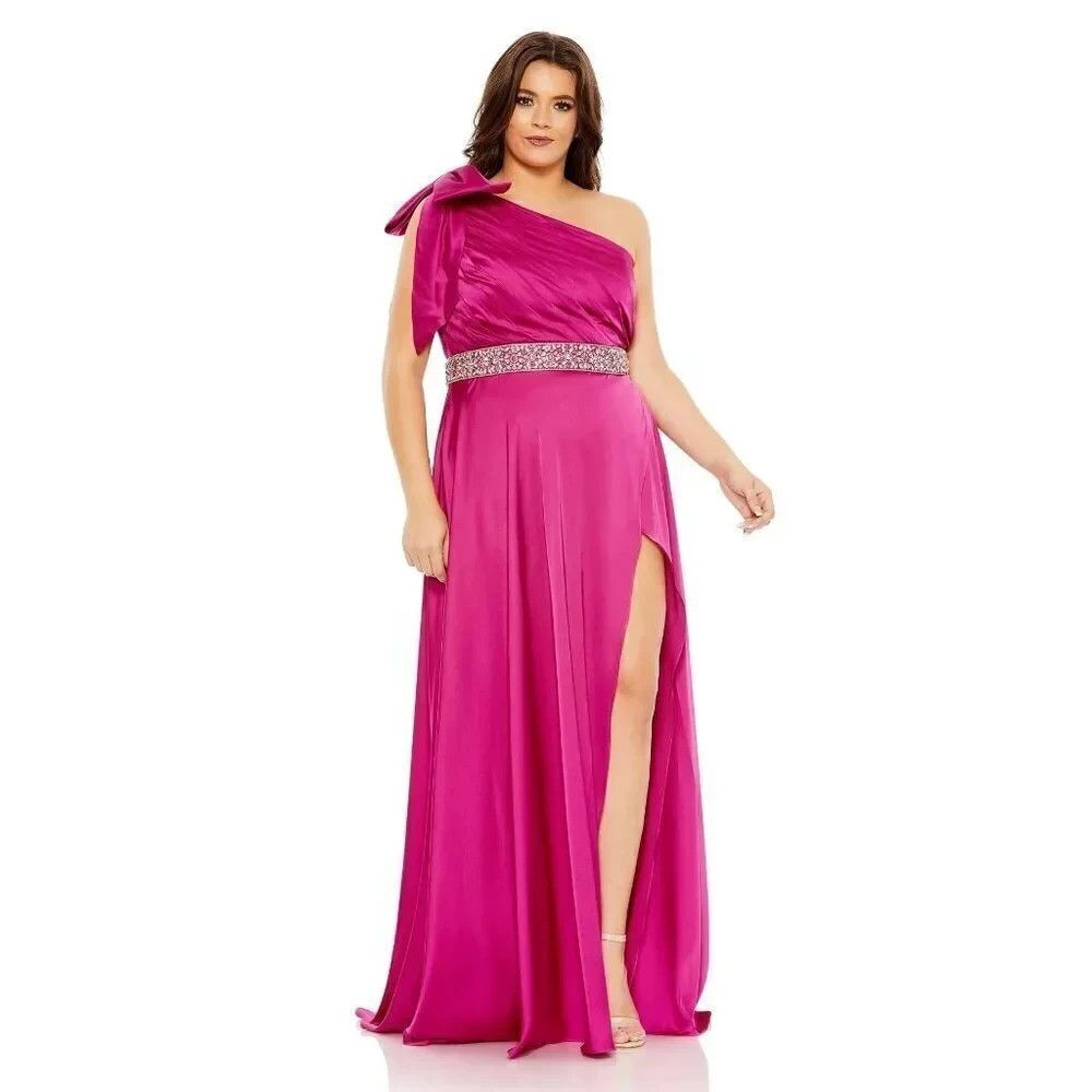 MAC DUGGAL WOMEN'S ONE SHOULDER ASYMMETRICAL PLEATED SLIT DRESS FUSCHIA PINK 16W